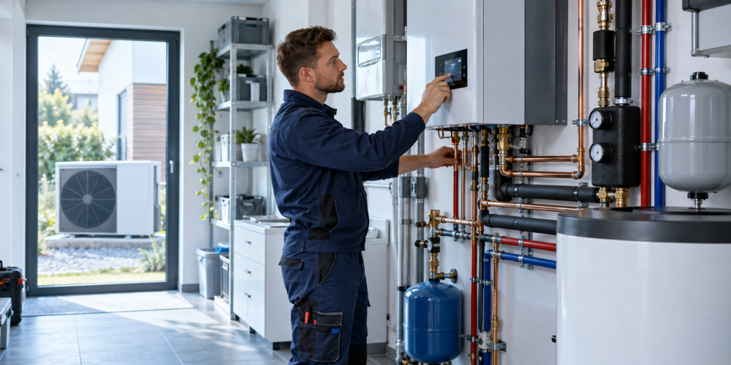 Instalacja grzewcza w pomieszczeniu technicznym — zdjęcie poglądowe.