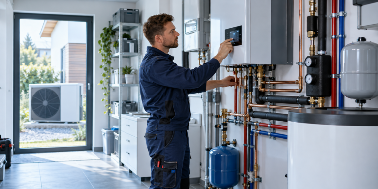 Instalacja grzewcza w pomieszczeniu technicznym — zdjęcie poglądowe.