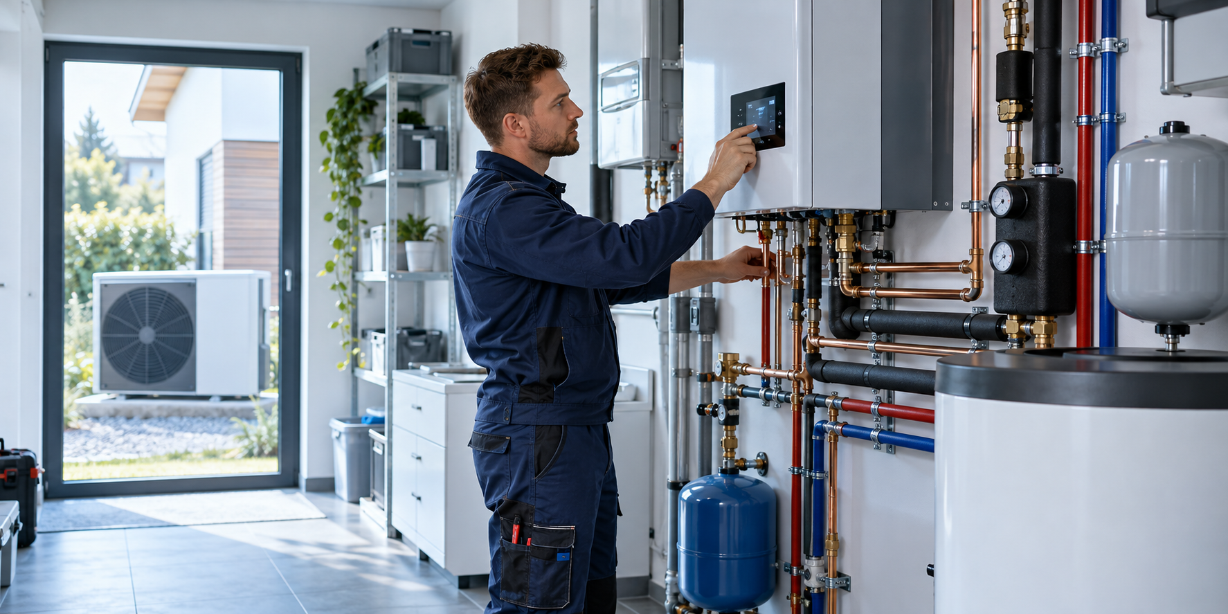 Instalacja grzewcza w pomieszczeniu technicznym — zdjęcie poglądowe.
